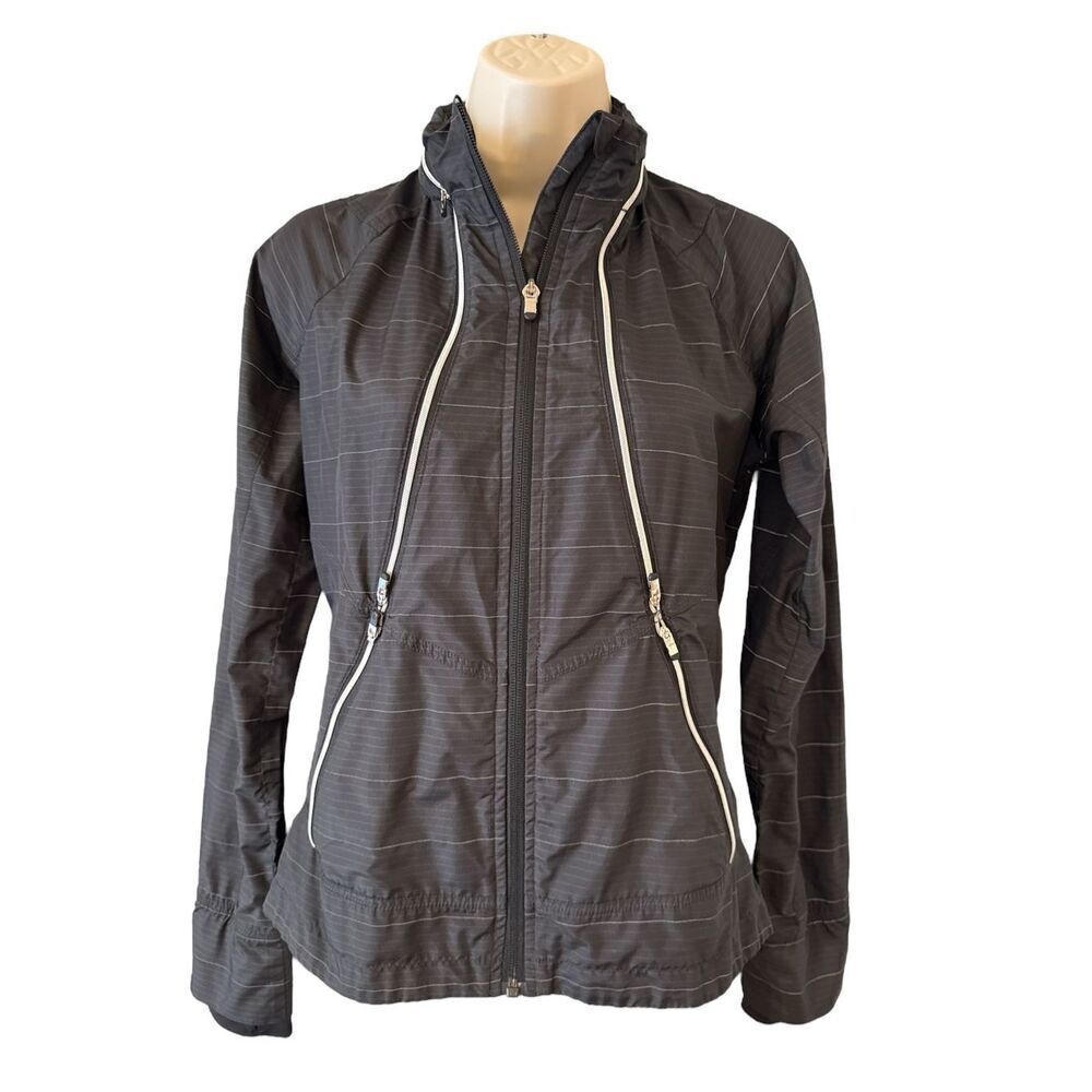 Athleta Windbreaker Black Run On Jacket Size XXS Striped Lightweight Zip Up Hood